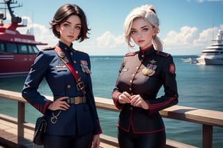 masterpiece,best quality, highly detailed, ruby_rose, looking_at_viewer, ((cowboy shot)), wearing military uniform, standing on pier, next to futuristic flying yacht, with white haired female military officer, officer with long white ponytail, other military officers, poakl