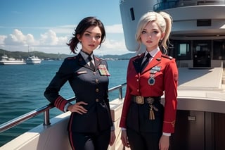 masterpiece,best quality, highly detailed, ruby_rose, looking_at_viewer, ((cowboy shot)), wearing military uniform, standing on pier, next to futuristic yacht, with white haired female military officer, officer with long white ponytail, other military officers, poakl