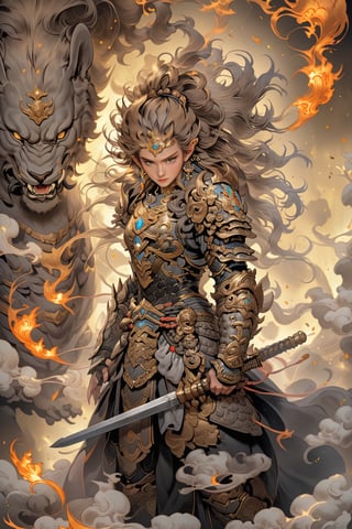 masterpiece,best quality)) beautiful armored warrior girl,shining armor,braided long hair,destruction building,low light,night,long sword,gold armor with lion ornament