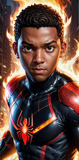 Imagine a dynamic scene featuring the fighting of iconic Marvel Comics character, miles morales, Visualize him engulfed in flames, radiating with fiery intensity. Craft a prompt for a super detailed, 32k Ultra HDR image capturing the essence of Human Torch's blazing presence – perfect face, flames, and dynamic pose. Choose a background that complements his character, creating a cinematic masterpiece with high realism and top-notch image quality, 