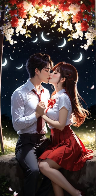 Dark night, absurderes, high resolution, Ultra detailed backgrounds, highly detailed hair, 2girl in, Calm tones, (Geometry:1.42), (Symmetrical background:1.4), korean 29 year old girls, white shirt, red skirt, sit under the tree, Smiling, Photograph the whole body ,frombelow ,Backlighting of natural light, falling petals, garden view, long_hair, wind blowing, stary night, night sky, full moon, the source of light is the moon light, slighty_chubby, kissing each other, romance_mood, romantic lamp,