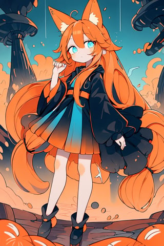 (1 girl:1.3), solo, glowing blue eyes, (drooping eyes:1.3), large eyes, (straight long hair:1.5), straight hair, (orange long hair:1.5), (matte hair texture:1.2), orange (fox ears:1.2), black long robe, full body, (beautiful landscape wide shot:1.2), dynamic angle