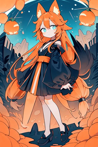 (1 girl:1.3), solo, glowing blue eyes, (drooping eyes:1.3), large eyes, (straight long hair:1.5), straight hair, (orange long hair:1.5), (matte hair texture:1.2), orange (fox ears:1.2), black long robe, full body, (beautiful landscape wide shot:1.2), dynamic angle