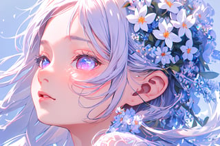 masterpiece, best quality, extremely detailed, Animated character, Female profile, Delicate features, Flowers in hair,Serene expression, Slightly downcast eyes, Soft skin texture, Ear visible, White attire, Subtle gradient background, High resolution, Realistic rendering.