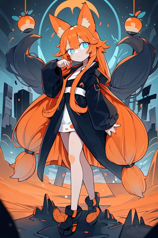 (1 girl:1.3), solo, glowing blue eyes, (drooping eyes:1.3), large eyes, (straight long hair:1.5), straight hair, (orange long hair:1.5), (matte hair texture:1.2), orange (fox ears:1.2), black long robe, full body, (beautiful landscape wide shot:1.2), dynamic angle