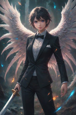 Angel in a black tuxedo with feathery wings holding a sword. Best quality score_9 with very aesthetic vivid colors in a (realistic:0.9) (anime:1.1) style.