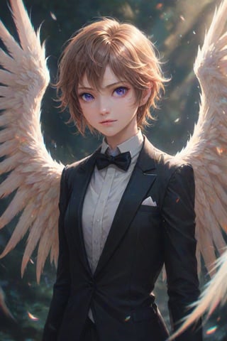 Angel in a black tuxedo with feathery wings. Best quality score_9 with very aesthetic vivid colors in a (realistic:0.9) (anime:1.1) style.