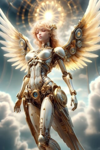 DonMSt34mPXL. A beautiful mechanical angel with filmy glowing wings. It is floating in the sky displaying holy grace and power. Cloudy background with heavenly radiance. Best quality, with insane detail in an anime style.