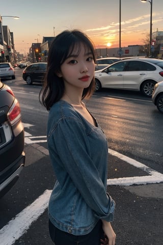 glamour photo of ccreamlike, amidst a bustling city, upper body framing, in a street photography setting, golden hour lighting:1.3), shot at eye level, on a Fujifilm X-T4 with a 50mm lens, ,momo, sexy, cowboy shot