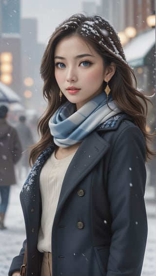 (masterpiece, best quality, photorealistic, ultra-detailed, finely detailed, high resolution, 8K wallpaper, sharp-focus), I would greatly appreciate it if you could create ((a close-up portrait))  of ((1 beautiful woman)), wearing a scarf with ligh-blue-based plaid patterns, BREAK, (a black duffel coat), earrings, standing in a city of Alaska, snowing heavily, perfect dynamic composition, beautiful detailed eyes, asian girl,photo r3al,detailmaster2,aesthetic portrait,