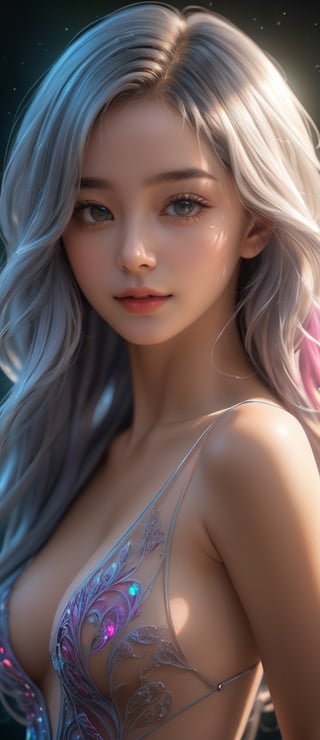 full body,  fantasy,  subsurface scattering,  perfect anatomy,  glow,  bloom,  bioluminescent liquid,  zen style,  still film,  cold color,  vibrant and volumetric light (masterpiece,  top quality,  best quality,  official art,  beautiful and aesthetic: 1.2), extremely detailed,  (abstract,  fractal art: 1.3),  colorful hair,  more detailed,  detailed_eyes,  18 year old girl face,  perfect body,  five fingers,  perfect hands,  anatomically perfect body,  sexy posture,  (black eyes),  (gray hair),  very long hair,  dynamic angle,  depth of field,  hyper detailed,  highly detailed,  beautiful,  small details,  ultra detailed,  best quality,  4k, ((full body)),  facing viewer,  naked,   large breasts,  firm breasts , smile, (nsfw, nude, thigh, slim body:1.3), sea, outdoor, (photo realistic, realistic:1.5),