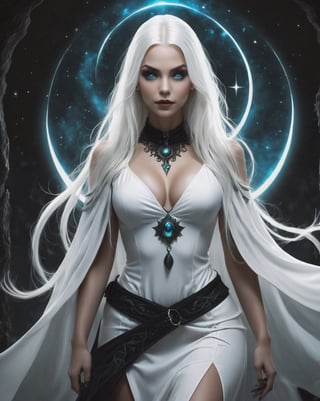 ultra detailed photo, masterpiece, best quality, photorealistic elegant, highly detailed ultra realistic, An enigmatic figure of a young girl (witch) who can manipulate starlight, using it for healing, divination, and even teleportation using the power of distant celestial bodies. She has long, white hair that flows down her back like a river of dark shadows. Her eyes are piercing and bright blue, almost glowing in the dark. Her skin is pale, almost transparent, and her lips are dark red, creating a sharp contrast with her bright eyes. Her features are sharp and expressive, giving her a mystical look. He wears a long, dark cloak decorated with silver runes and symbols of power. Under the cloak, she is dressed in an elegant but simple white dress that allows her freedom of movement. She wears a crescent moon amulet around her neck, a symbol of her connection to the darker aspects of magic. She is always armed with a staff made of black ash, decorated with dark crystals that enhance her magic. She is a master of black magic, capable of powerful spells, spells and divination. She has control over the elements of darkness and shadow, can manipulate the energy around her, and communicate with demons and other dark entities. The atmosphere in the tower is mysterious and full of untold secrets, reflecting the nature of the witch and her place in the world of magic.