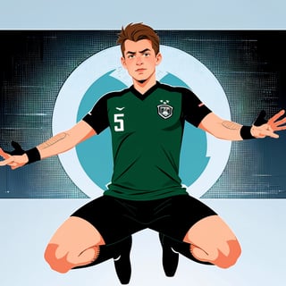 shadow flat vector art,1  young handsome men, Shot Soccer Jump, Germany Male Soccer Players, vasco jersey, man, frowning face,2D Flat Illustration