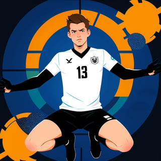 shadow flat vector art,1  young handsome men, Shot Soccer Jump, Germany Male Soccer Players, vasco jersey, man, frowning face,2D Flat Illustration