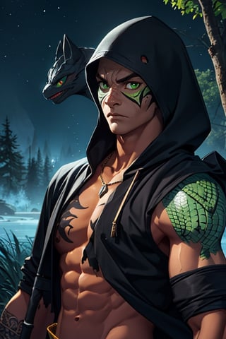 1boy, solo, male focus, (green reptile eyes:1.2), short hair, black hair, (black hood:1.2), torn rags on pectorals, toned, muscular abdomen, ((reptile scales on the forearms, reptile scales on the cheeks)), steel wrist guards, black gloves, cleavage, (a man with a little black mouse on his shoulder:1.2), necklace with an eagle bear and wolf sign, (human skin:1.2), tribal tattoos on both arms, black loincloth, (upper_body:1.2), (masterpiece:1.2), best quality, ultra detailed, 8k, 4k, intricate, (highly detailed:1.2), (detailed face:1.2), detailed background, (night:1.2), (out of forest:1.2), (barbarian-ninja style), (carrying a large bone spear on back:1.2), (a magic dagger floating:1.2), voloptuous and muscular body, looking_at_viewer, black reptile style ninja mask