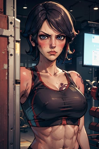 athena (borderlands), 1girl, solo, short hair, frown, (arms_crossed:1.2), upper_body, breasts, (v-neck:1.2), (neckline:1.2), muscular abdomen, navel, toned, (black sport bra:1.2), (masterpiece:1.2), (best quality), (ultra detailed), (8k, 4k, intricate), (highly detailed:1.2), (detailed face:1.2), (detailed background), gym background, night, looking_at_viewer, tattoo, shy, blush, sweating