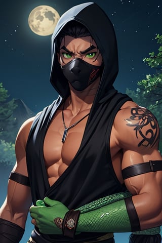 1boy, solo, male focus, (green reptile eyes:1.2), short hair, black hair, (black hood:1.2), torn rags on pectorals, toned, muscular abdomen, ((reptile scales on the forearms, reptile scales on the cheeks)), steel wrist guards, black gloves, cleavage, (a man with a little black mouse on his shoulder:1.2), necklace with an eagle bear and wolf sign, (human skin:1.2), tribal tattoos on both arms, black loincloth, (upper_body:1.2), (masterpiece:1.2), best quality, ultra detailed, 8k, 4k, intricate, (highly detailed:1.2), (detailed face:1.2), detailed background, (night:1.2), (out of forest:1.2), (barbarian-ninja style), (carrying a large bone spear on back:1.2), (a magic dagger floating:1.2), voloptuous and muscular body, looking_at_viewer, black reptile style ninja mask