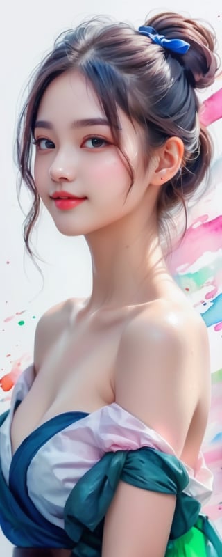 (8k, best quality, masterpiece:1.2), best quality, ultra highres, a chest up watercolor painting of a beautiful student model, looking at viewer, shoulder, dark chignon, kind smile, greasy lips, hair ribbons, white strapless tops, colorful tone, (black+blue+pink+green color:1.2), extremely luminous bright design, pastel colors, (ink:1.3), early spring lights, wet on wet, paper texture, on papar,