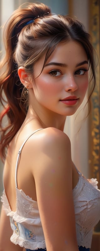 (best quality, masterpiece, ultra detailed, highres, 8k, RAW photo),
a beautiful student model, solo, beautiful facial features, eye contact, shaded lips, lipgloss, smirk, ponytail, lacy ornate camisole, dynamic pose,well lit background, illumintated backgound, bold colors, sharply detailed, hyper-detailed, vibrant colors, impressionist style, brushstrokes and palette knife paint, an expressive oil painting,ethereal lighting, ,detailmaster2,colorful