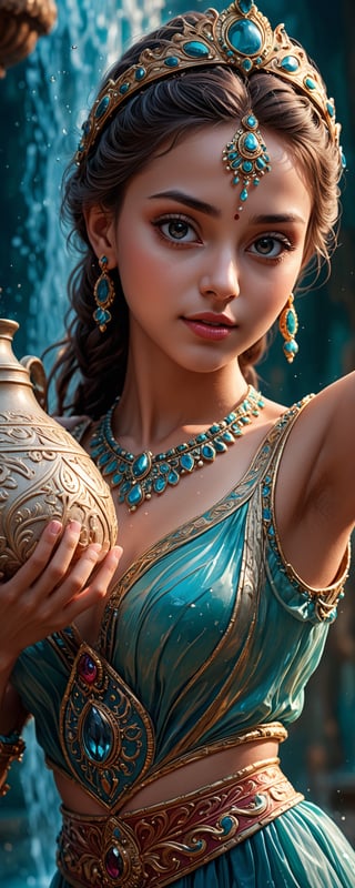 (masterpiece, best quality, highres, ultra detailed, 8k,raw photo), 
a beautiful young bayadere holding carefully with large jug, dancing in front of water fountain from La Bayadere,
detailed facial features, eye contact, detailed eyes, detailed glossy lips, detailed nose,intricate expressive costume, ornate jug,
bioluminecent glow, prestigous beautiful theater, colorful, Vibrant, dynamic, and colourful portrait photography, High-speed shutter, speedlight flash, blended light, artistic composition, High-quality, ultra high-resolution image,aw0k euphoric style