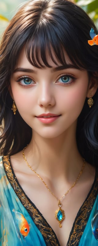 (best quality, masterpiece, ultra detailed, 8K, RAW photo), 
an oil paintiing of a beautiful student model, eye contact,beautiful detailed eyes, lipgloss, kind smile, graceful pose, flowy black hair, expressive prestigous blouse with azure fish patterns, glowing jewelries, gorgeous gold necklace, fantasy style, soft brush strokes, vibrant colors, delicate features, soft natural light, subtle shading, summer fesitval background, 