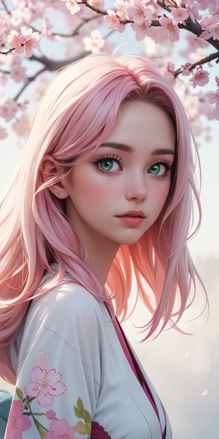 ((realistic)),((best quality)),((masterpiece)),ultra detailed background ((Cherry Blossoms)),(22 years old beautiful woman),wearing kimono,glowing multicolored flowy hair,(green eyes),beautiful face,((white mists:1.4)),(pink dust:1.2),mysterious,mysteries of universe,yellow lightnings,volumetric lightnings, well lit dark and blurry background,