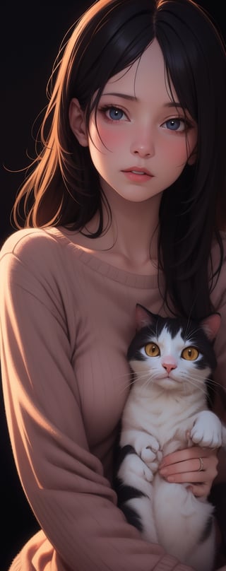 hotorealistic,  realistic,  RAW photo,  cute 18 year old woman and her cat,  digital painting,  pale skin, highly detailed face, black hair,  seducing facial expression, wearing a cozy sweater,  1950s, dark background, warm colors,  RAW candid cinema, 16mm, color graded portra 400 film, remarkable color, ultra realistic