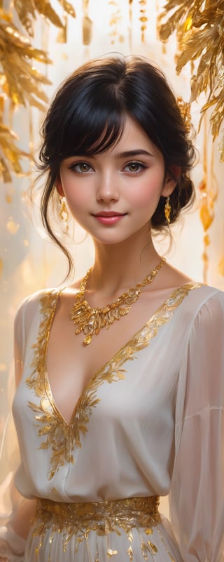 (best quality, masterpiece, ultra detailed, 8K, RAW photo), 
an oil paintiing of a beautiful student model, eye contact,beautiful detailed eyes, lipgloss, kind smile, graceful pose, flowy black hair, expressive prestigous blouse, glowing jewelries, gorgeous gold necklace, fantasy style, soft brush strokes, vibrant colors, delicate features, soft natural light, subtle shading, New year countdown background, 