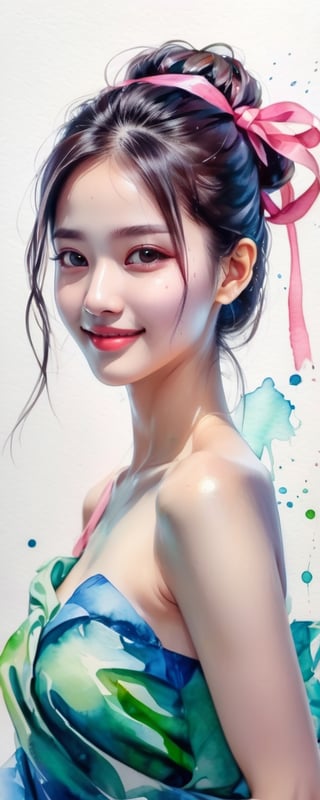 (8k, best quality, masterpiece:1.2), best quality, ultra highres, a chest up watercolor painting of a beautiful student model, looking at viewer, shoulder, dark chignon, kind smile, greasy lips, hair ribbons, white strapless tops, colorful tone, (black+blue+pink+green color:1.2), extremely luminous bright design, pastel colors, (ink:1.3), early spring lights, wet on wet, paper texture, on papar,