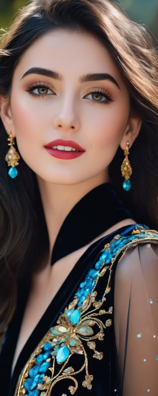 (best quality, masterpiece, ultra detailed, 8K, RAW photo), 
 full body hyper-realistic portrait of a beautiful young woman, pale soft skin,
flowy black hair, black eyes, eye contact, well defined eyelashes, eye shadow with glitter, shaded glossy lips, kind smile, light makeup, BREAK 
wearing realistic ornated velvet blouse, gorgeous earrings, necklaces, ornamental hairpin,
bliss, cozy warm vibes,
shiny aura, intricate motifs, and organic tracery, 
perfect composition, realism with shining particles,
vivid colorful tone, (black+azure color:1.2), vibrant colors, colorful, explosion of colors, vivid hues,colorful