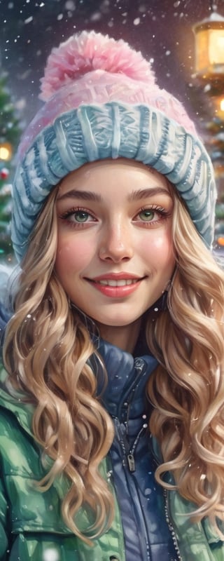 (best quality, masterpiece, ultra detailed, 8K, RAW photo), 
a chest up watercolor painting of
a beautiful promissing model snowboarding through christmas trees, curly perm with shiny long dark beige hair, beanie, snowboarding wear with christmas sign, flawless soft skin, icy eyeshadow,long eyelashes, honey - colored eyes, lipgloss, kind smile, 
gold necklace, gold earrings, christmas tree with bells and balls, christmas decoration,
(black+blue+pink+green color:1.2), extremely luminous bright design, pastel colors, (ink:1.3), early spring lights, wet on wet, paper texture, on papar,