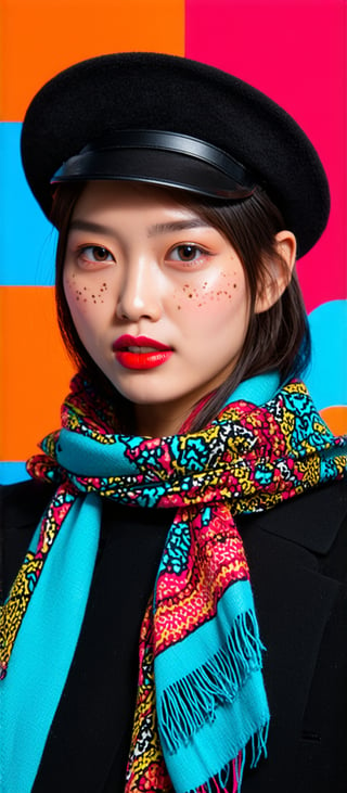 (best quality, 4K, 8K, high-resolution, masterpiece), ultra-detailed, photorealistic, vibrant and colorful portrait of a promissing student model, wearing a black hat adorned with colorful patterns, scarf in shades of azure and crimson, bold red lipstick, abstract vivid background artwork with azure, orange, crimson, and pink colors, lively and artistic atmosphere, freckles, well-defined eye makeup.