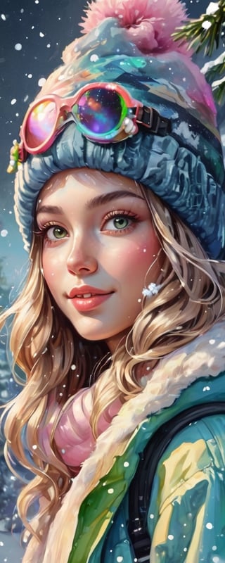 (best quality, masterpiece, ultra detailed, 8K, RAW photo), 
a chest up watercolor painting of
a beautiful promissing model snowboarding through christmas trees, curly perm with shiny long dark beige hair, beanie, snowboarding wear with christmas sign, flawless soft skin, icy eyeshadow,long eyelashes, honey - colored eyes, lipgloss, kind smile, 
gold necklace, gold earrings, christmas tree with bells and balls, christmas decoration,
(black+blue+pink+green color:1.2), extremely luminous bright design, pastel colors, (ink:1.3), early spring lights, wet on wet, paper texture, on papar,