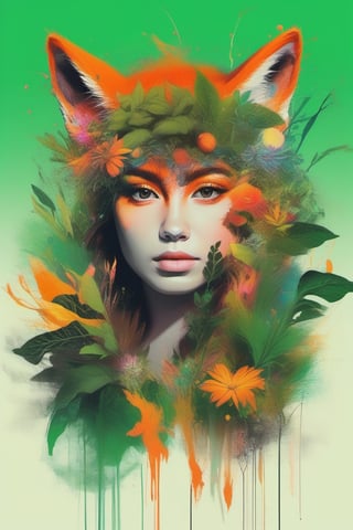 nude, (masterpiece:1.1), (highest quality:1.1), (HDR:1.0), extreme quality, cg, (negative space), detailed face+eyes, 1girl, fox ears, animal ear fluff, (plants:1.18), (fractal art), (bright colors), splashes of color background, colors mashing, paint splatter, complimentary colors, neon, (thunder tiger), compassionate, electric, limited palette, synthwave, fine art, tan skin, full body, (green and orange:1.2), time stop, sy3, SMM