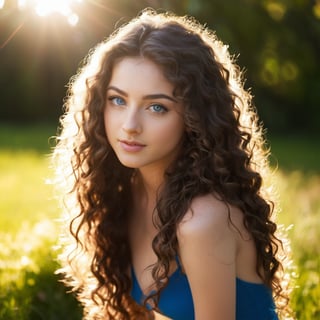 (((full body close_up))), 22yo girl kneeling-up close to viewer in outdoor, long curly hair, (dark-blue-eyes:1.1), (long_brown_straight_hair:1.1), slim, sunlight, enviroment super light, full body, full view,( face & chest_view from behind) 