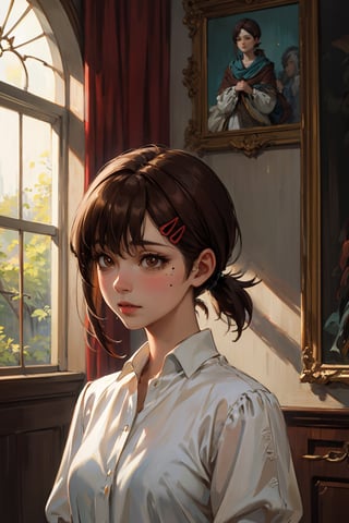  warm light, warm glow, (masterpiece, high quality, highres,Highest picture quality), mature_female,
kobeni higashiyama, black hair, hair ornament, hairclip, mole under eye, ponytail, short hair, (brown eyes:1.5),

 upper body, rim light, blurry background, 
luxury, indoors, oil painting, rembrant light, masterpiece, renaissance portrait painting, elegant_dress, (white dress)