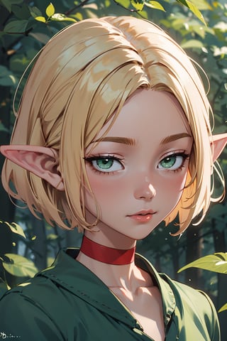 1woman, mature, blonde, elf, pointy_ears,  green_eyes, small_breasts,  red choker,
looking at viewer, loose hair, bob cut,
 outdoors, forest, portrait, blurry_background, bust