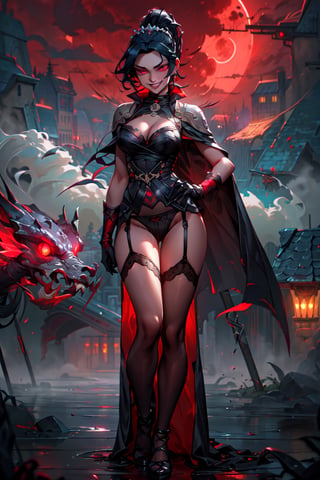 ((dark)), epic fantasy 8k,solo, ((tiki fe)), 1girl, Masterpiece, absurdres, best quality, ultra detailed, intricate details, ((glowing eyes)), (looking at viewer), evil smile, evil grin, abyss Magic, runes, standing, casting spell,  , dress, ribbon, tiara, short dress, side slit, panties, red gloves, cape, red dress, garter straps, cleavage, mist, moonlight,apocalypse, ominous red sky filled with swirling dark clouds, glowing runes, full body, night, night sky, blood moon, red moon, dark, evil, epic, trending on ART station, standing, Green hair, ponytail,