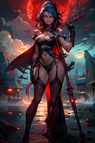 ((dark)), epic fantasy 8k,solo, ((tiki fe)), 1girl, Masterpiece, absurdres, best quality, ultra detailed, intricate details, ((glowing eyes)), (looking at viewer), evil smile, evil grin, abyss Magic, runes, standing, casting spell,  , dress, ribbon, tiara, short dress, side slit, panties, red gloves, cape, red dress, garter straps, cleavage, mist, moonlight,apocalypse, ominous red sky filled with swirling dark clouds, glowing runes, full body, night, night sky, blood moon, red moon, dark, evil, epic, trending on ART station, standing, Green hair, ponytail,