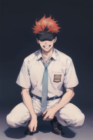 Gojo Satoru, masterpiece, best quality, highres, female, 1boy, blindfolded, wearing indonesian high school uniform, white shirt, blue necktie, grin, squat pose, dynamic hand angle, white shirt, red hair,