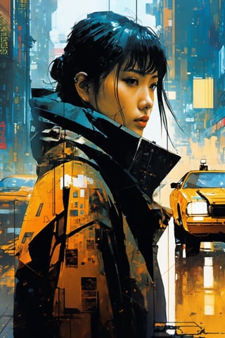 (double_exposure:1.5), blade runner city and  close up face of 1girl, art by Ian McQue,cyberpunk city,fuzzy coat,Taipei 101,