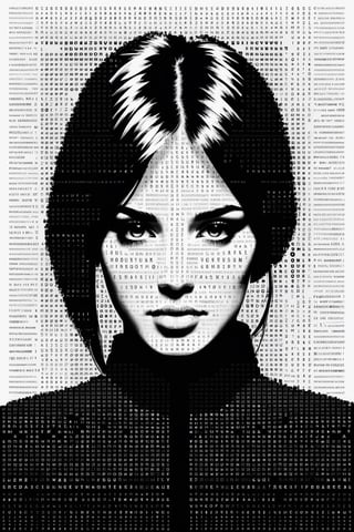 1girl,portrait composed of typographical elements,ASCII art aesthetic,monochrome,intricate details,creative use of letter shapes and negative space,high contrast,post-digital,