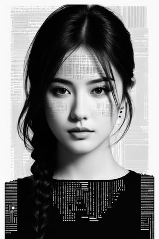 1girl,portrait composed of typographical elements,ASCII art aesthetic,monochrome,intricate details,creative use of letter shapes and negative space,high contrast,post-digital,