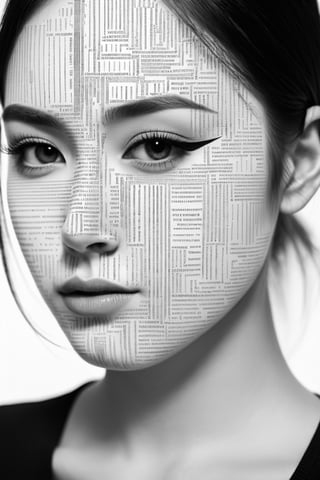 1girl,portrait composed of typographical elements,ASCII art aesthetic,monochrome,intricate details,creative use of letter shapes and negative space,high contrast,post-digital,