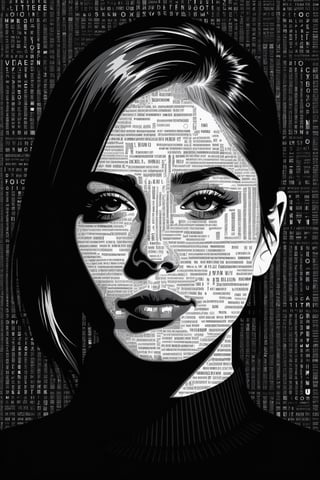 1girl,portrait composed of typographical elements,ASCII art aesthetic,monochrome,intricate details,creative use of letter shapes and negative space,high contrast,post-digital,