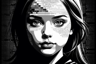 1girl,portrait composed of typographical elements,ASCII art aesthetic,monochrome,intricate details,creative use of letter shapes and negative space,high contrast,post-digital,