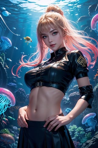 photo realistic, full color, (cyber punk:1.3, neon lighting, fractal illumination:1.23), dynamic posing, upper body from below, (OverallDetail:1.1), (floating glowing jellyfish and fish in the midnight aquarium:1.23), (a smiling exquisitely beautiful European actress enjoys in arch shaped glass corridor of a midnight aquarium and wearing half-sleeves school uniform :1.23), abs waist, blonde color Low bun, (fair skin:1.1), (slim face:1.1), (yellow eyes clear eyes:1.1, symmetrical eyes), long nose.,