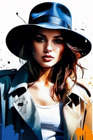 (ink color portrait:1.1), wanderer in a moody street portrait, a stylish determined woman in a trench coat and hat, (abstract color ink splash explosion:1.2)