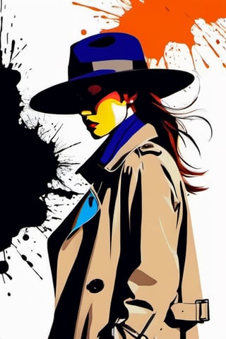 (ink color portrait:1.1), wanderer in a moody street portrait, a stylish determined woman in a trench coat and hat, (abstract color ink splash explosion:1.2)