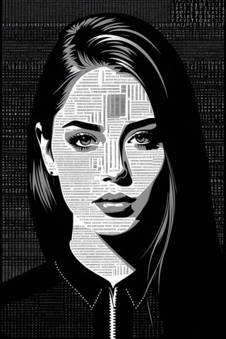 1girl,portrait composed of typographical elements,ASCII art aesthetic,monochrome,intricate details,creative use of letter shapes and negative space,high contrast,post-digital,